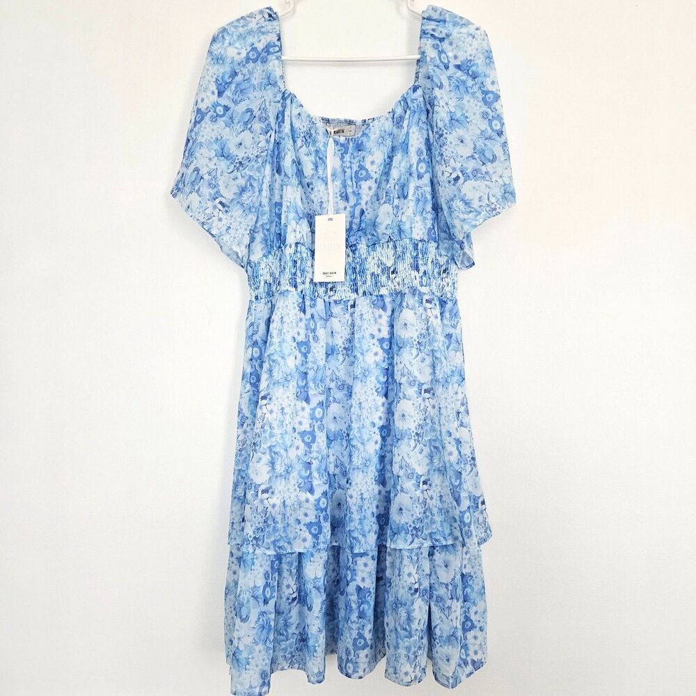 Grace Karin Blue White Floral Chiffon Midi Dress Womens Large